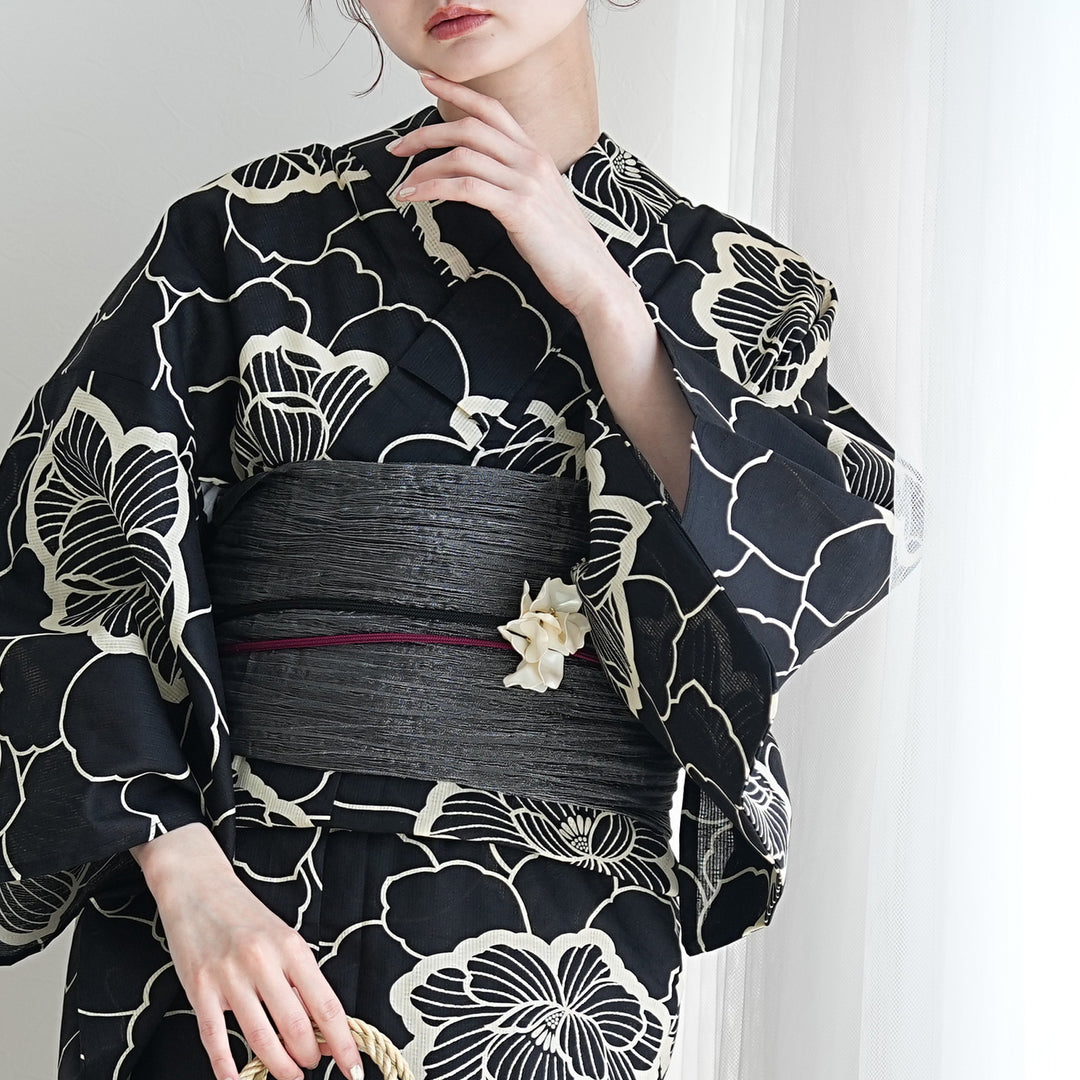 utatane 高級変わり織 浴衣3点セット（浴衣・帯・下駄）ブラックに