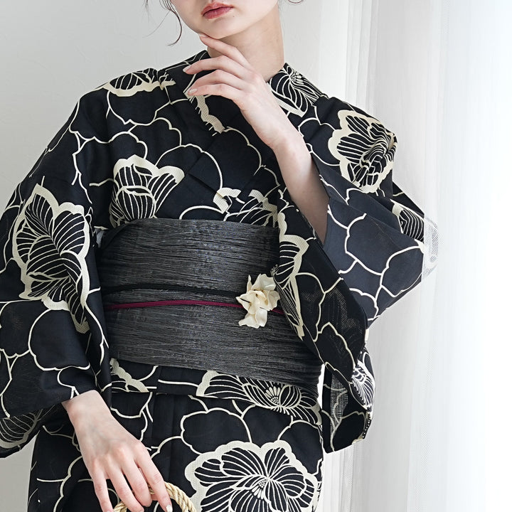 utatane 高級変わり織 浴衣3点セット（浴衣・帯・下駄）ブラックに