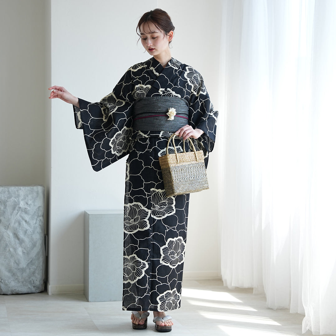 utatane 高級変わり織 浴衣3点セット（浴衣・帯・下駄）ブラックに
