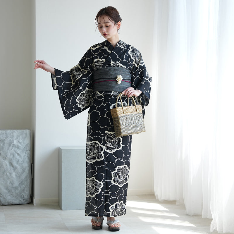 utatane 高級変わり織 浴衣3点セット（浴衣・帯・下駄）ブラックに
