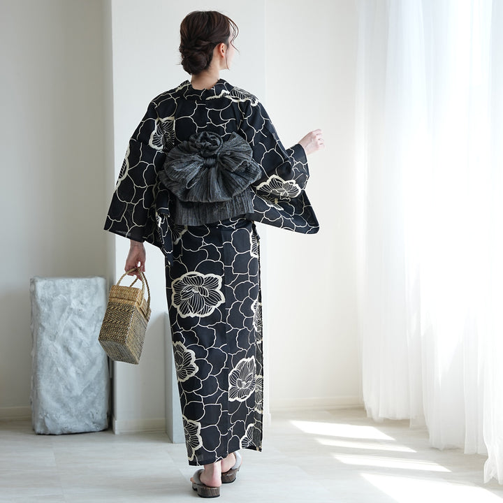 utatane 高級変わり織 浴衣3点セット（浴衣・帯・下駄）ブラックに