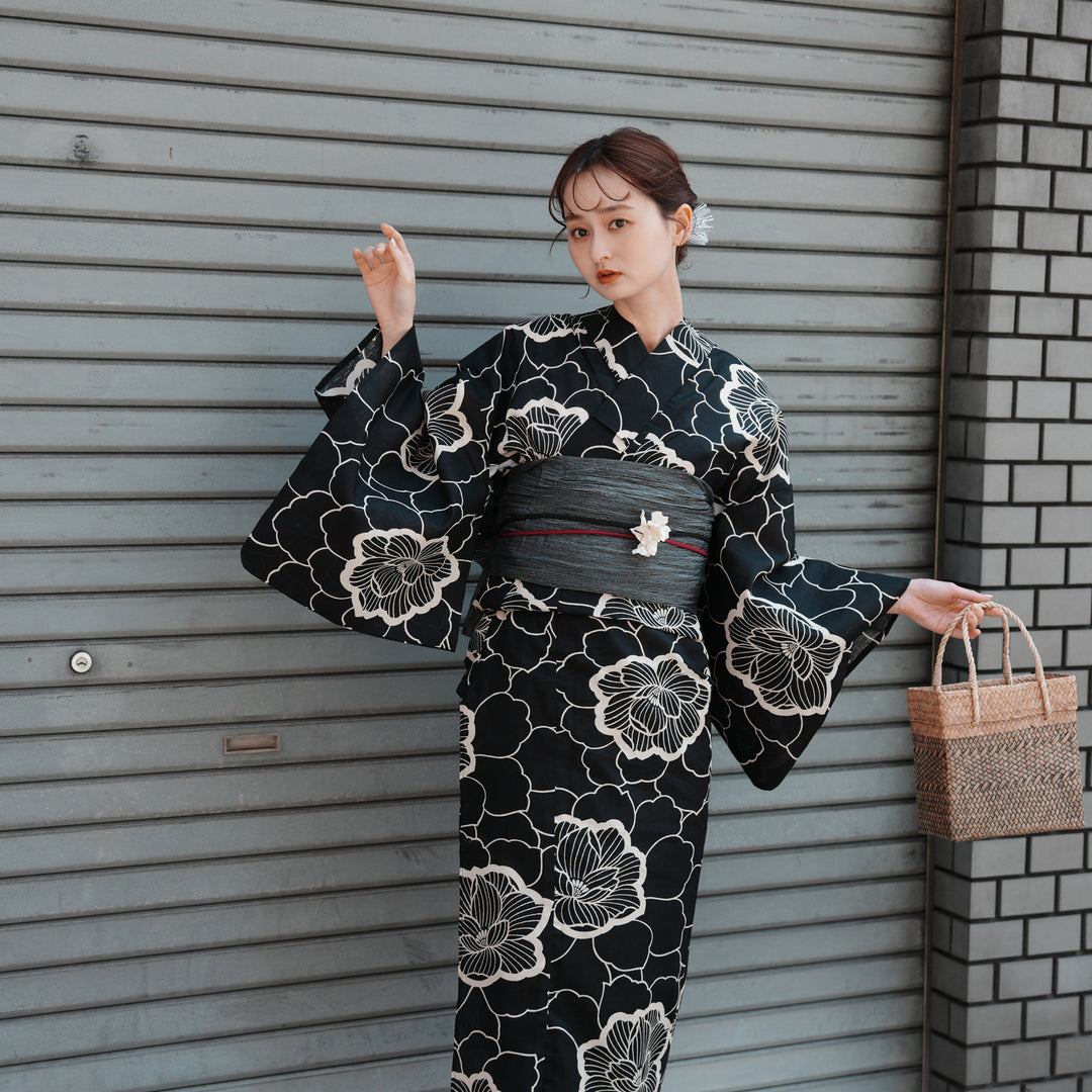 utatane 高級変わり織 浴衣3点セット（浴衣・帯・下駄）ブラックに