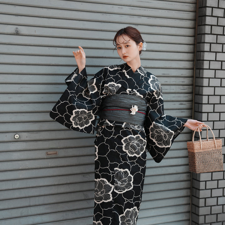 utatane 高級変わり織 浴衣3点セット（浴衣・帯・下駄）ブラックに