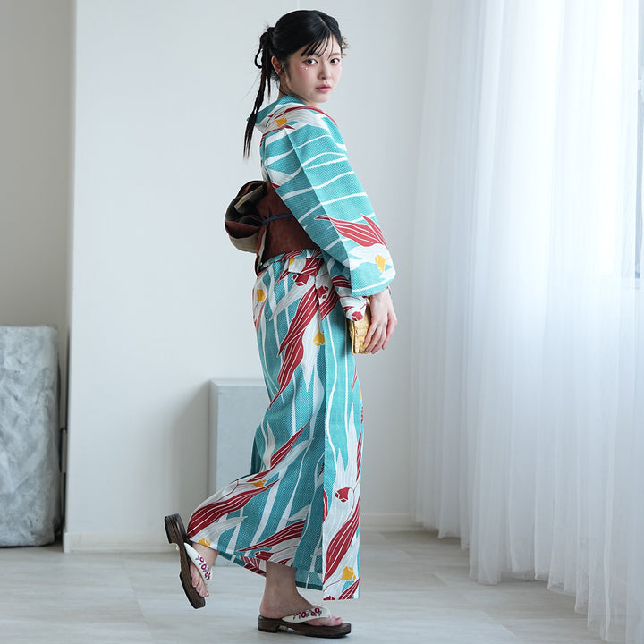 Nico antique 鯉柄 浴衣 Fサイズ ニコアンティーク 浴衣3点セット（浴衣・帯・下駄）ターコイズ疋田の