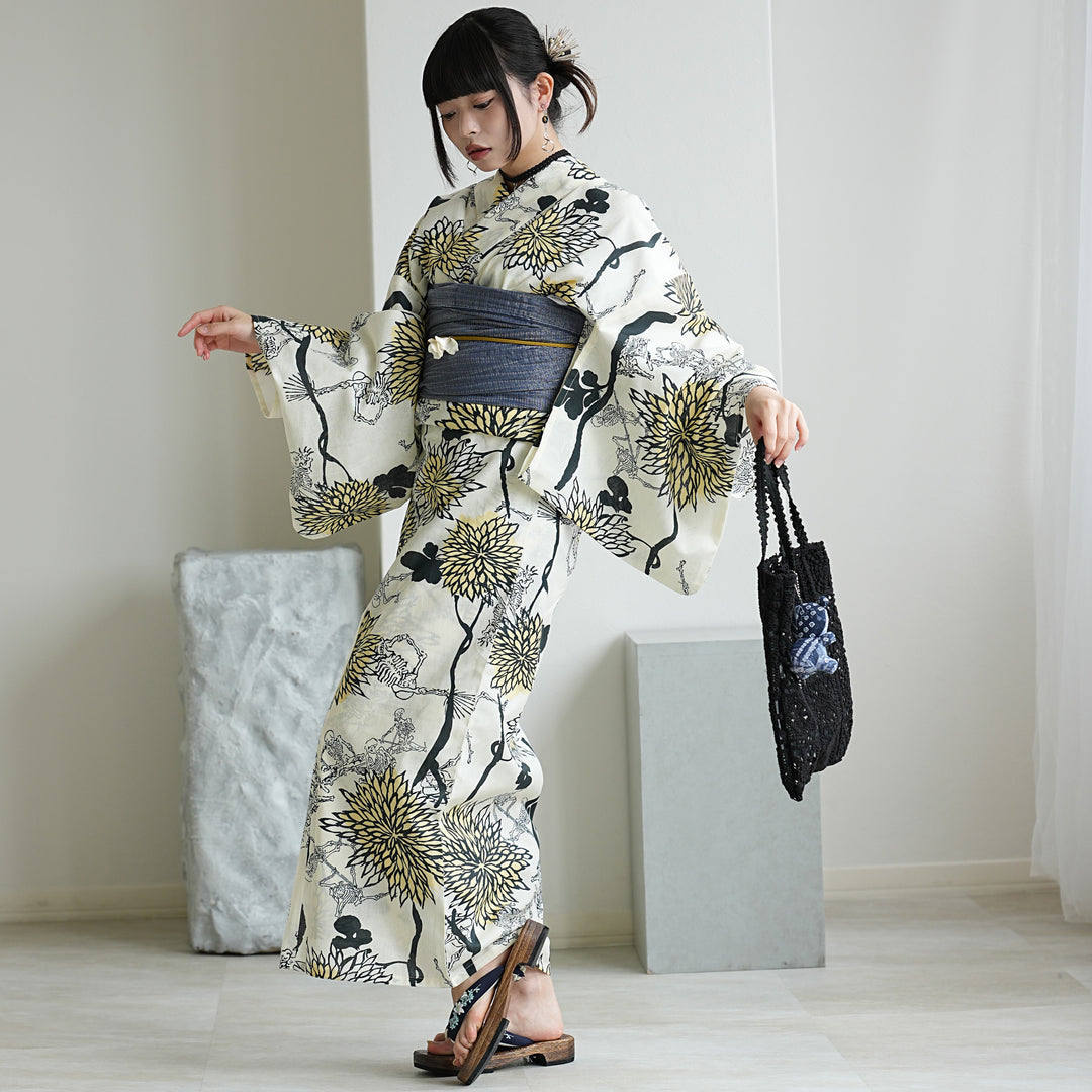 【ニコアンティーク】単衣着物 骸骨 浴衣 ニコアンティーク 浴衣3点セット（浴衣・帯・下駄）スカルオーケストラ