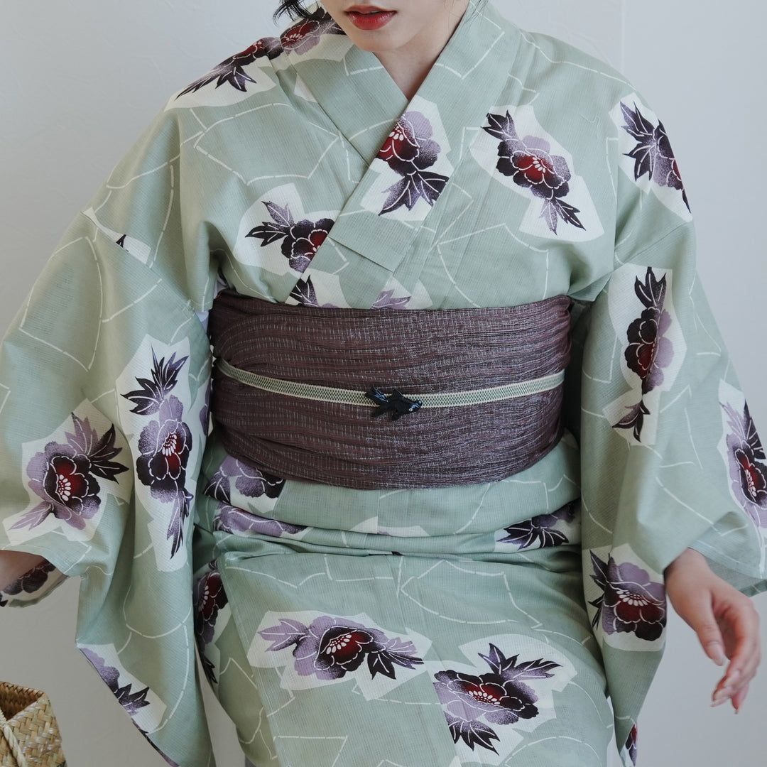 高級変わり織 浴衣3点セット（浴衣・帯・下駄）若葉色に扇椿