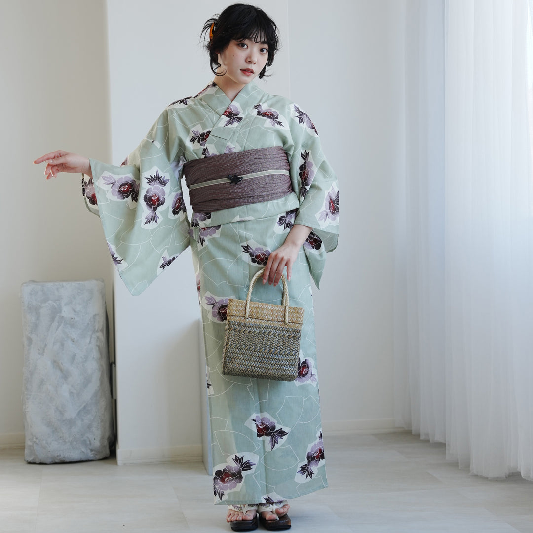 高級変わり織 浴衣3点セット（浴衣・帯・下駄）若葉色に扇椿