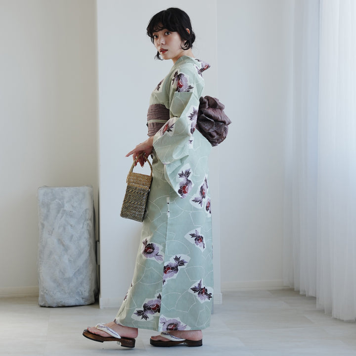 高級変わり織 浴衣3点セット（浴衣・帯・下駄）若葉色に扇椿