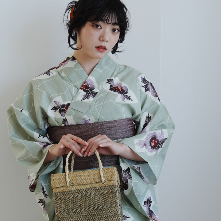 高級変わり織 浴衣3点セット（浴衣・帯・下駄）若葉色に扇椿