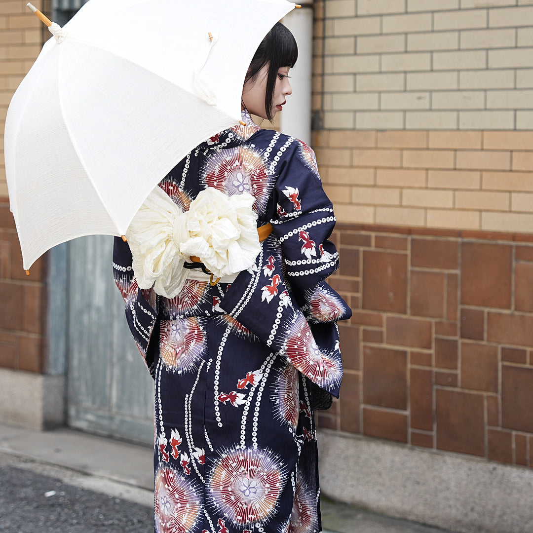 ひよこ商店 高級変わり織 浴衣3点セット（浴衣・帯・下駄）宵花火に