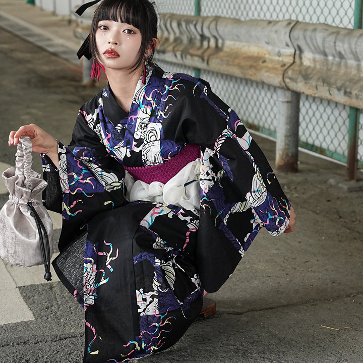 せきやゆりえ ニコアンティーク 浴衣 パープル 新品 ニコアンティーク×せきやゆりえ 浴衣3点セット（浴衣・帯・下駄）A