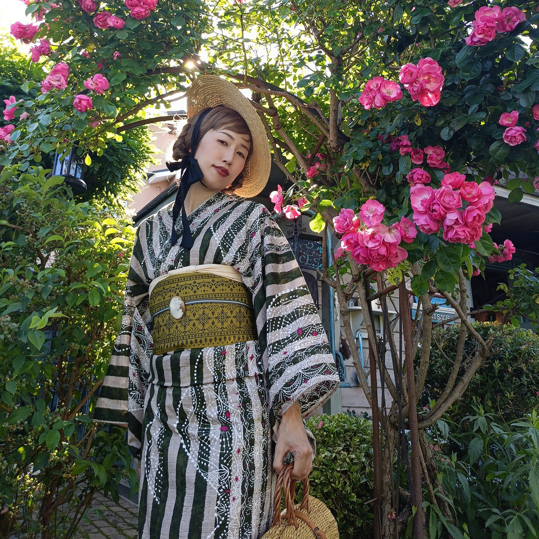 Nico antique 浴衣 帯　7点セット 綿100% ニコアンティーク 浴衣3点セット（浴衣・帯・下駄）アメーバレースの片