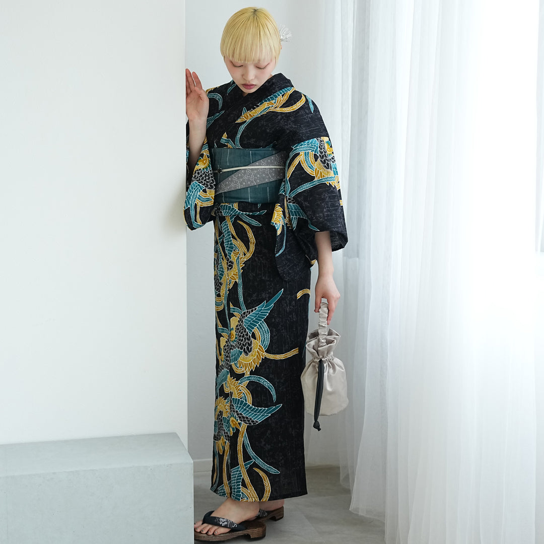 Utatane×ニコアンティーク 新品 三点セット(帯・下駄) 　 個性派 ニコアンティーク 浴衣3点セット（浴衣・帯・下駄）ネオ・フェニックス