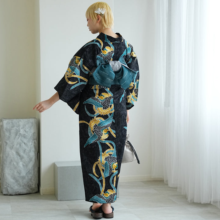 ✅新品【水色に浮かぶひまわりと金魚】 ニコアンティーク 浴衣単品 高級変わり織 ニコアンティーク 浴衣3点セット（浴衣・帯・下駄）ネオ・フェニックス