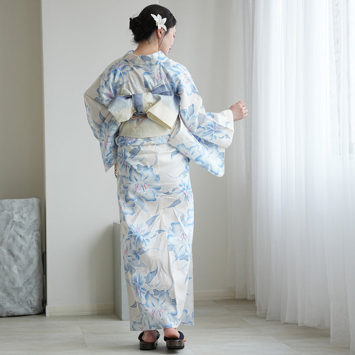 高級変わり織 浴衣3点セット（浴衣・帯・下駄）みずみずしい百合】綿