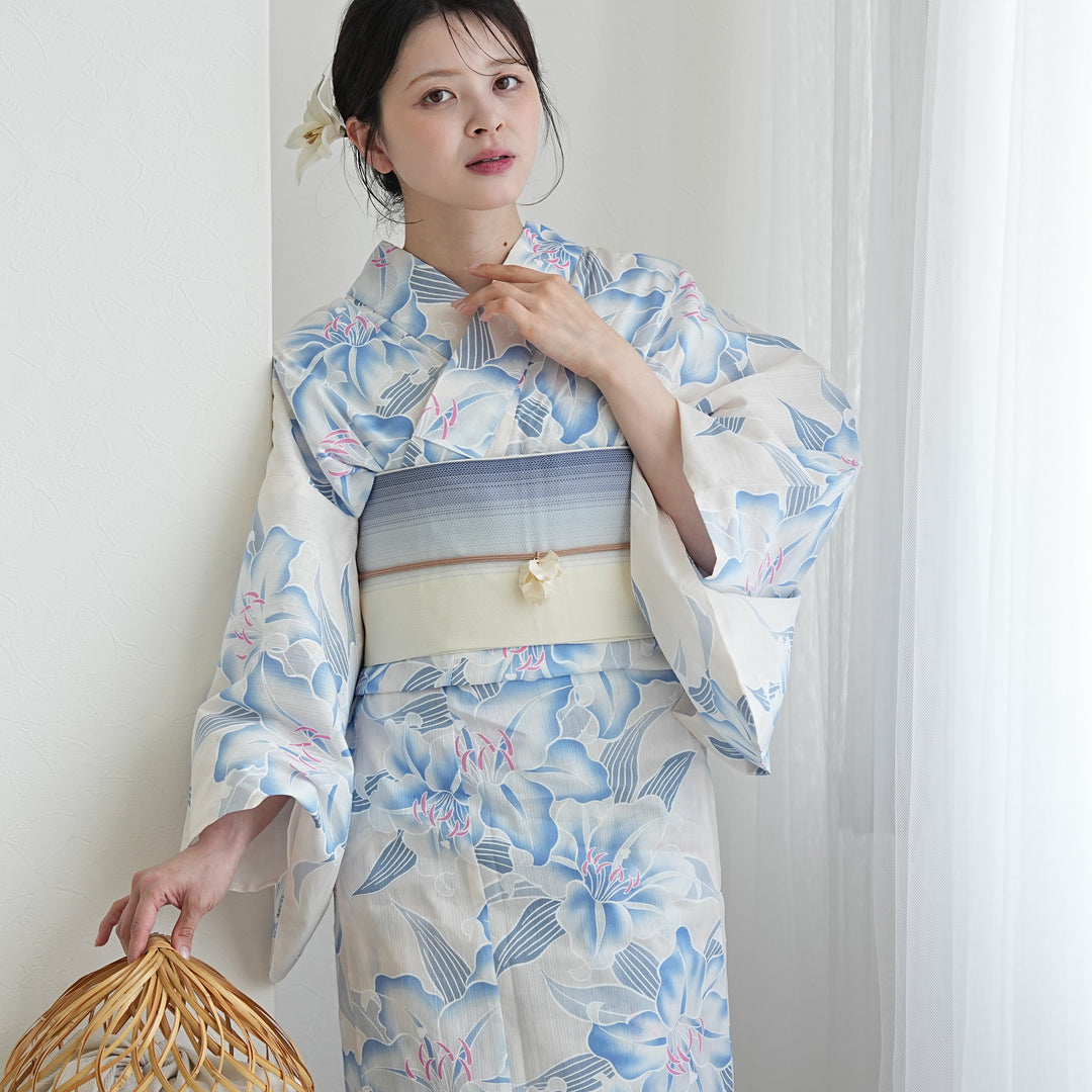 高級変わり織 浴衣3点セット（浴衣・帯・下駄）みずみずしい百合】綿