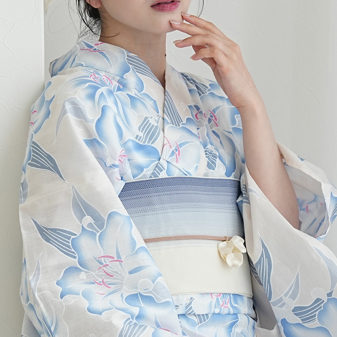 高級変わり織 浴衣3点セット（浴衣・帯・下駄）みずみずしい百合】綿