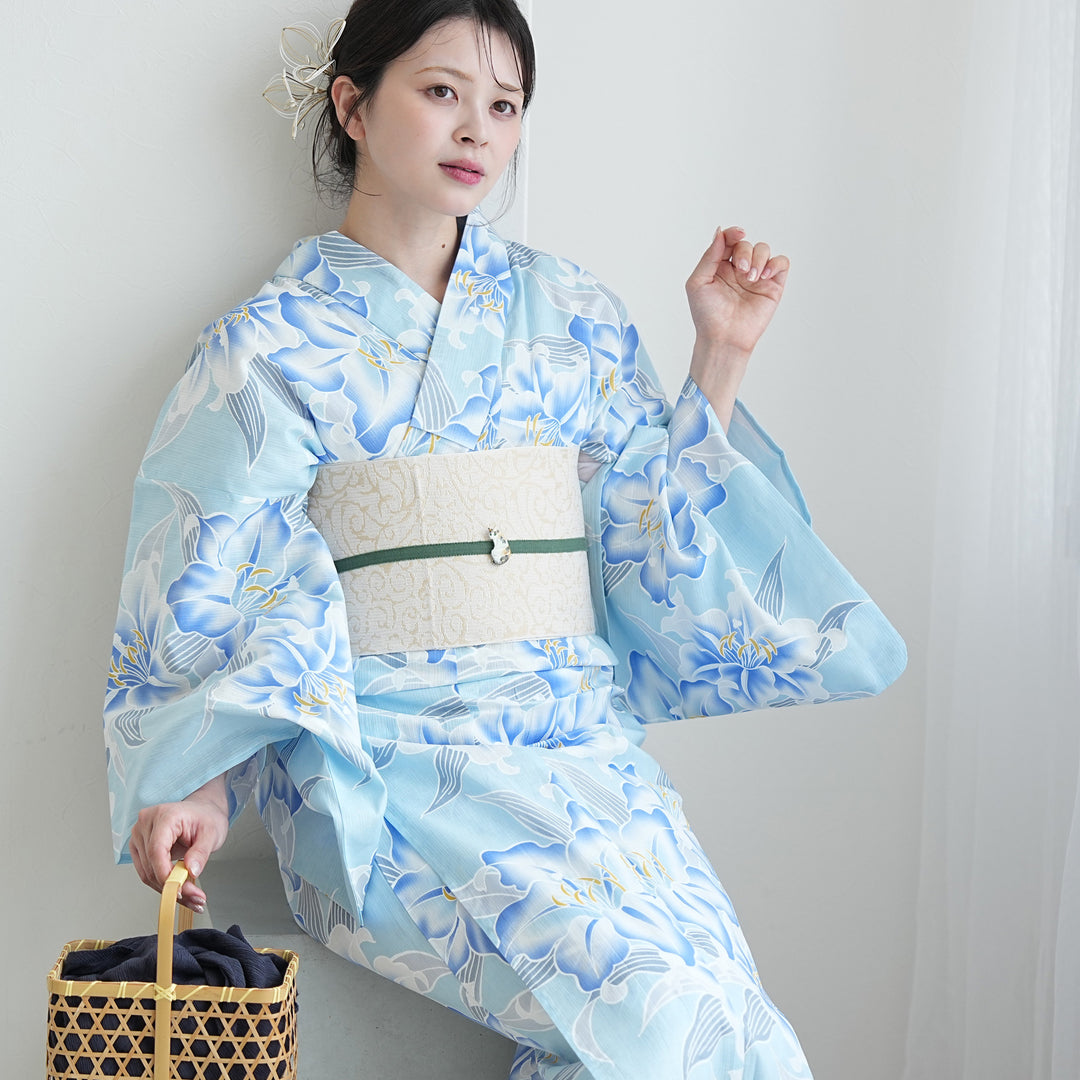 【hirotan17 】◇全てゆかた浴衣帯未使用美品15点まとめ売り◇ 高級変わり織 浴衣3点セット（浴衣・帯・下駄）澄み渡る水色に百合】綿
