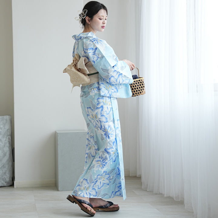 高級変わり織 浴衣3点セット（浴衣・帯・下駄）澄み渡る水色に百合】綿