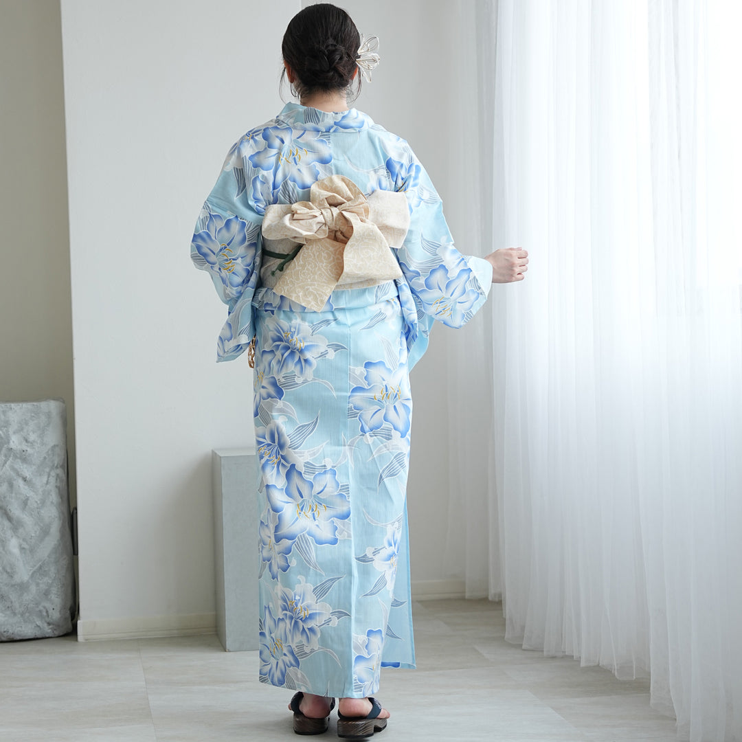 高級変わり織 浴衣3点セット（浴衣・帯・下駄）澄み渡る水色に百合】綿