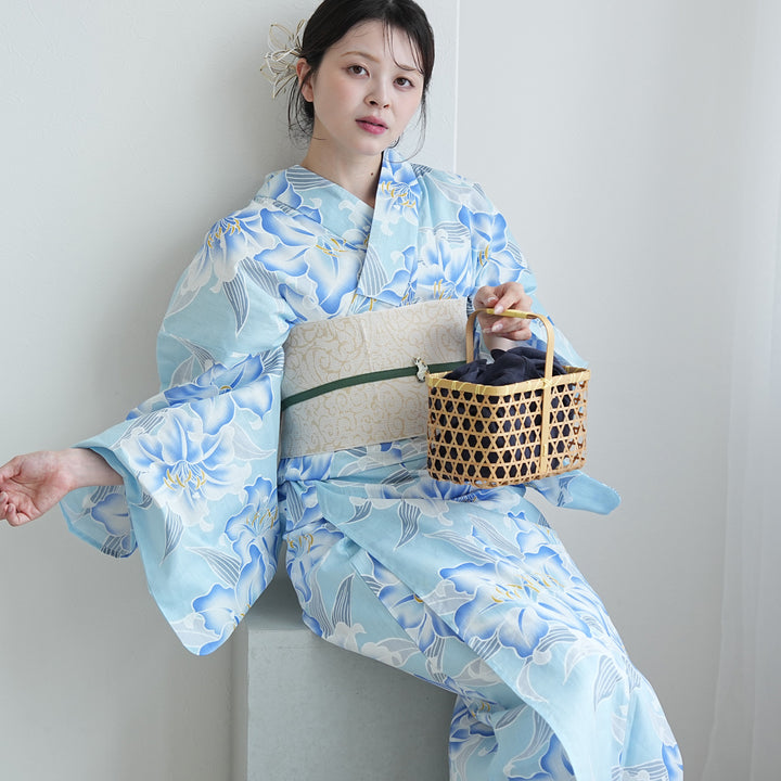 高級変わり織 浴衣3点セット（浴衣・帯・下駄）澄み渡る水色に百合】綿