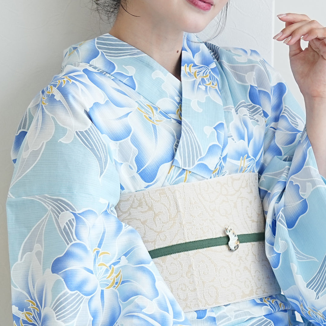 高級変わり織 浴衣3点セット（浴衣・帯・下駄）澄み渡る水色に百合】綿