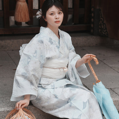 高級変わり織 浴衣3点セット（浴衣・帯・下駄）白地にインクブルーの