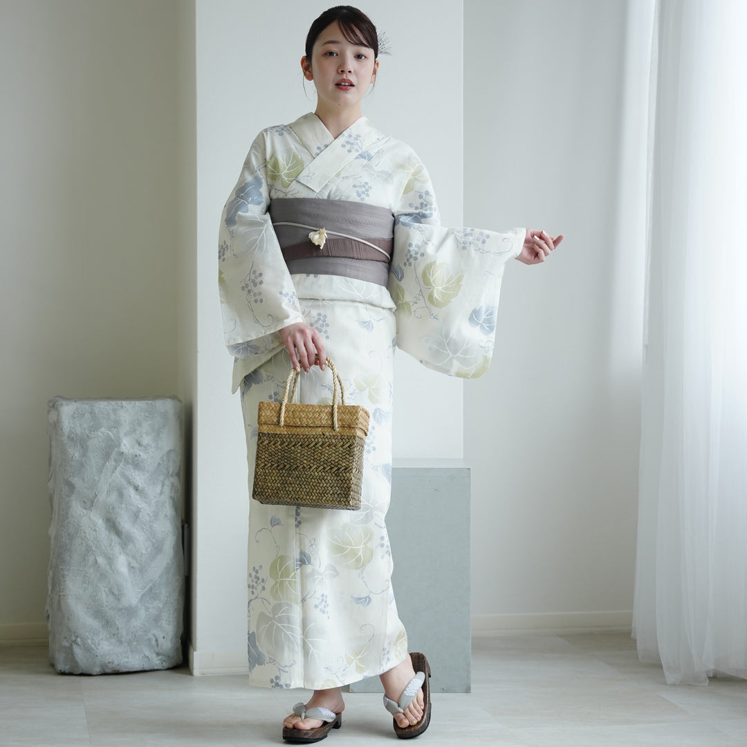 高級変わり織 浴衣3点セット（浴衣・帯・下駄）きなりに溶け込む葡萄