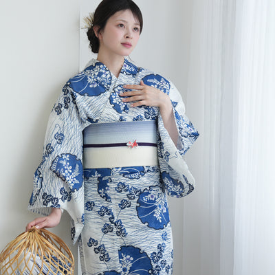 高級変わり織 浴衣3点セット（浴衣・帯・下駄）白地に青の花雪輪と露芝