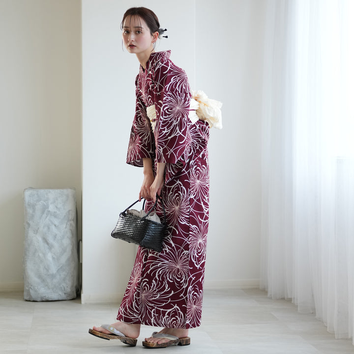 高級変わり織 浴衣3点セット（浴衣・帯・下駄）えんじに広がる糸菊