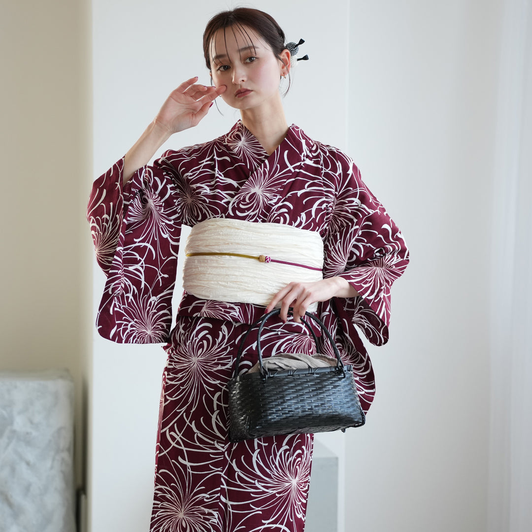 高級変わり織 浴衣3点セット（浴衣・帯・下駄）えんじに広がる糸菊