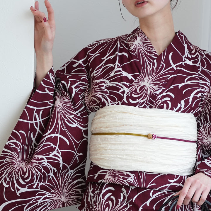 高級変わり織 浴衣3点セット（浴衣・帯・下駄）えんじに広がる糸菊