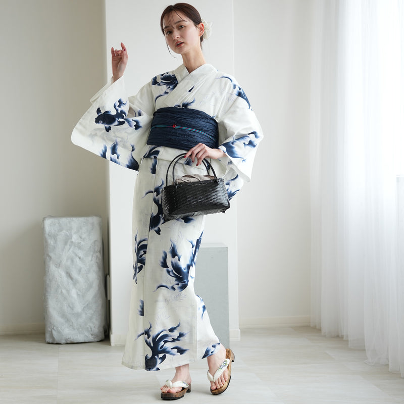 高級変わり織 浴衣3点セット（浴衣・帯・下駄）蒼泳の金魚