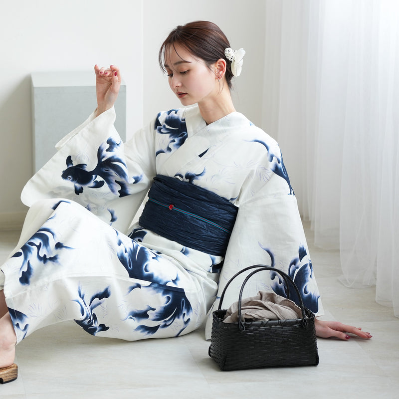 高級変わり織 浴衣3点セット（浴衣・帯・下駄）蒼泳の金魚