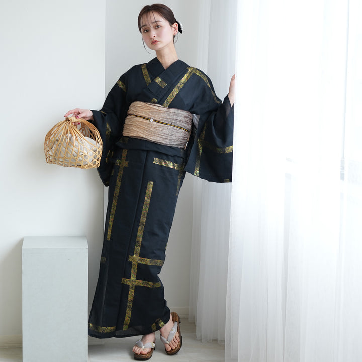 誉田屋源兵衛 浴衣3点セット（浴衣/帯/下駄）破れ格子V箔 貝箔】日本製