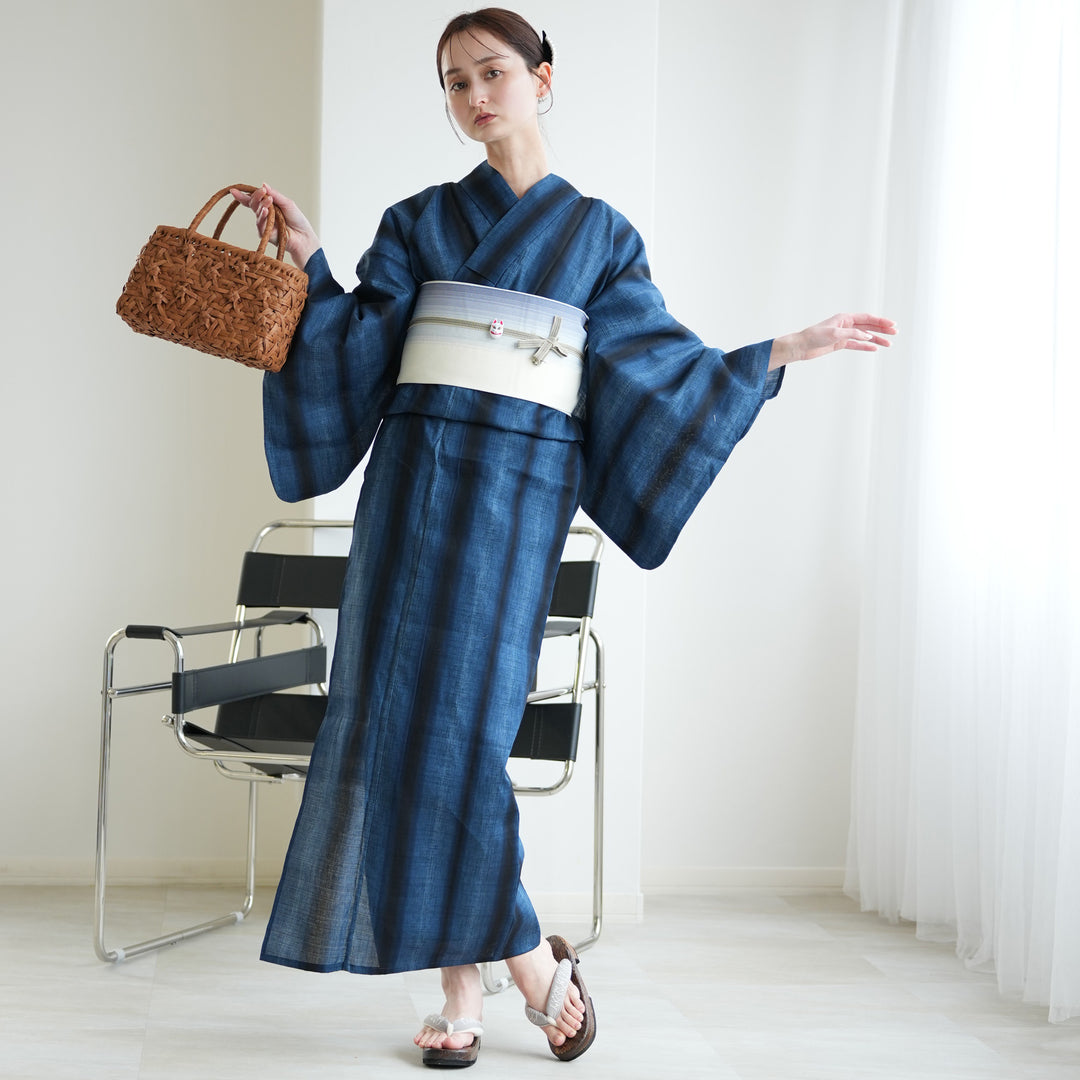 高級変わり織 浴衣3点セット（浴衣・帯・下駄）粋モダン 藍階調