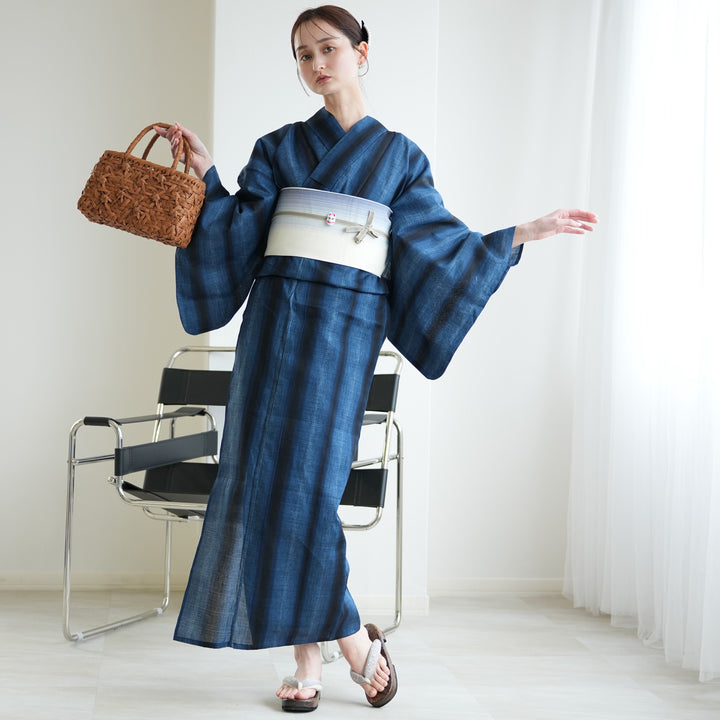 高級変わり織 浴衣3点セット（浴衣・帯・下駄）粋モダン 藍階調