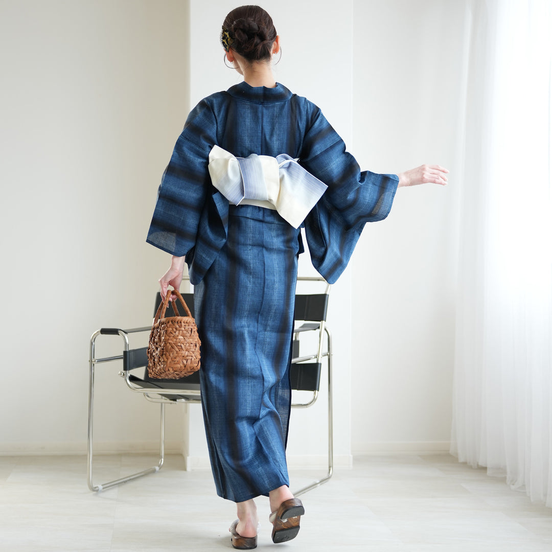 高級変わり織 浴衣3点セット（浴衣・帯・下駄）粋モダン 藍階調