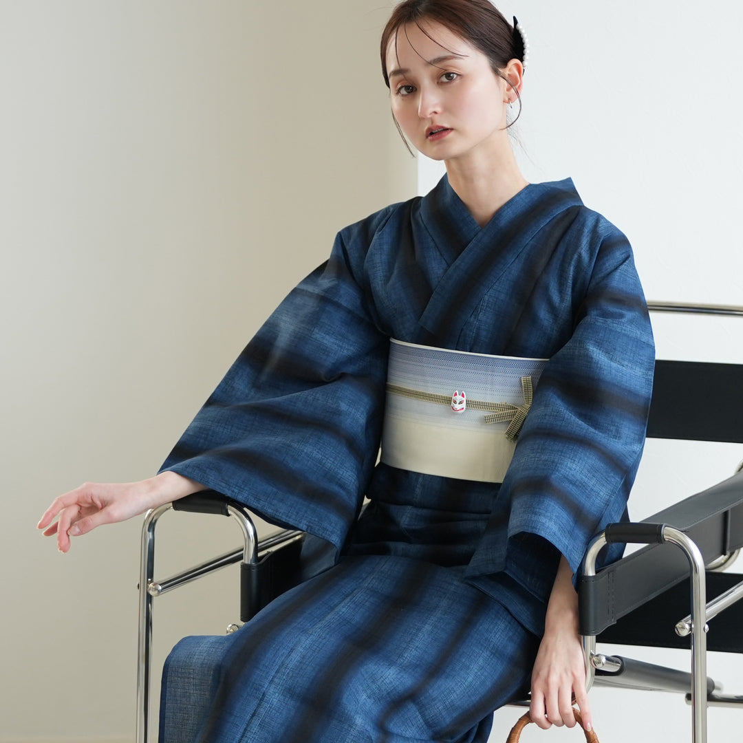 高級変わり織 浴衣3点セット（浴衣・帯・下駄）粋モダン 藍階調