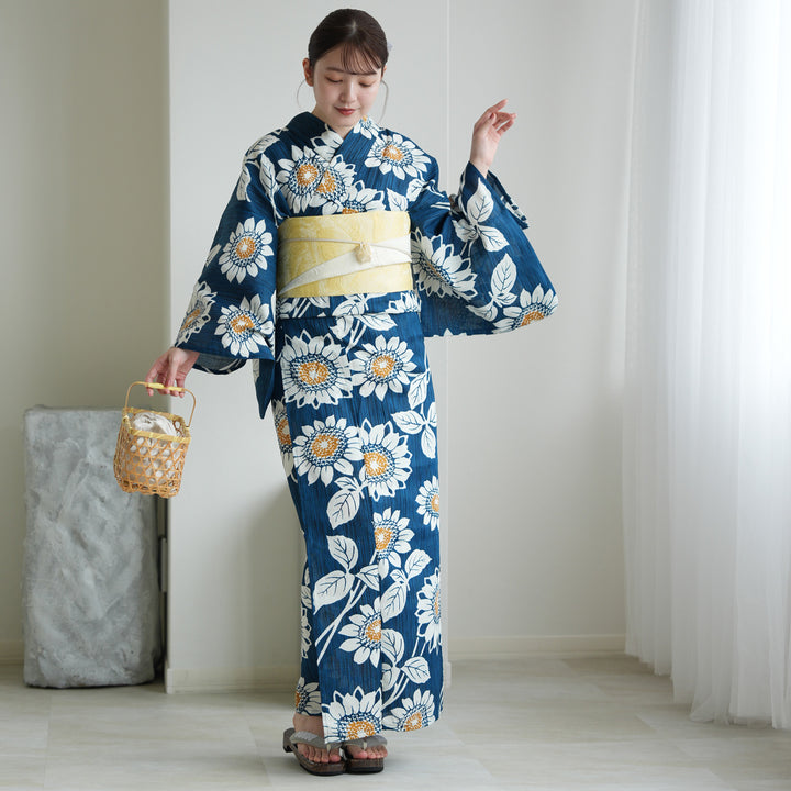 高級変わり織 浴衣3点セット（浴衣・帯・下駄）鉄紺にひまわり】綿麻