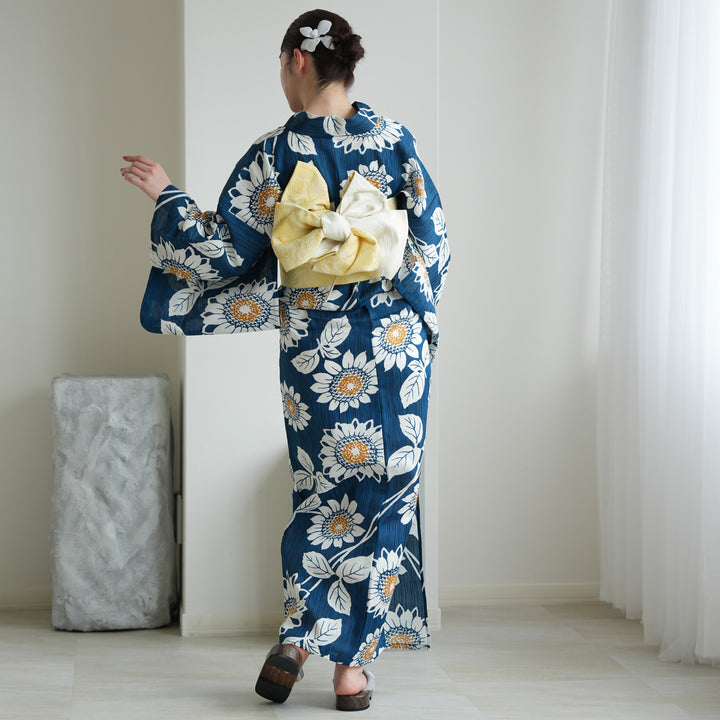 高級変わり織大人浴衣✖︎半幅帯 高級変わり織 浴衣3点セット（浴衣・帯・下駄）鉄紺にひまわり】綿麻