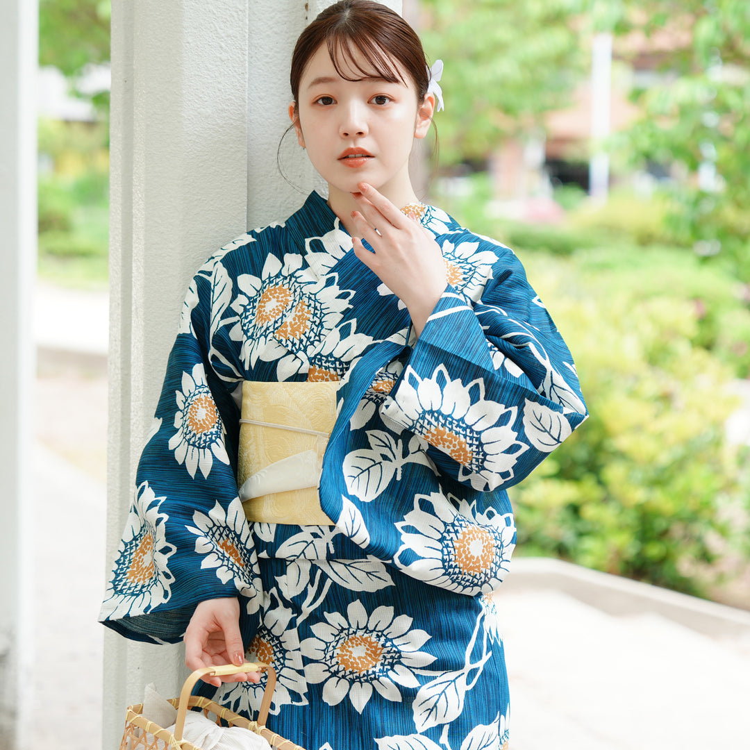 高級変わり織 浴衣3点セット（浴衣・帯・下駄）鉄紺にひまわり】綿麻