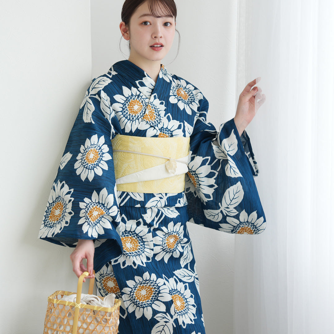 高級変わり織 浴衣3点セット（浴衣・帯・下駄）鉄紺にひまわり】綿麻