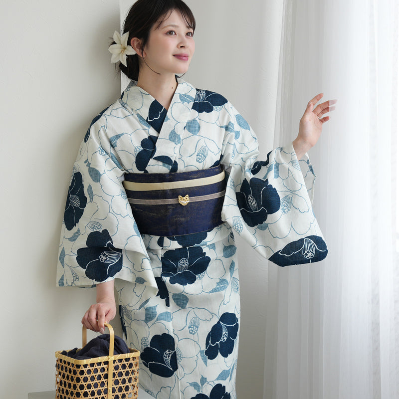 高級変わり織 浴衣3点セット（浴衣・帯・下駄）敷き詰められた鉄紺の椿