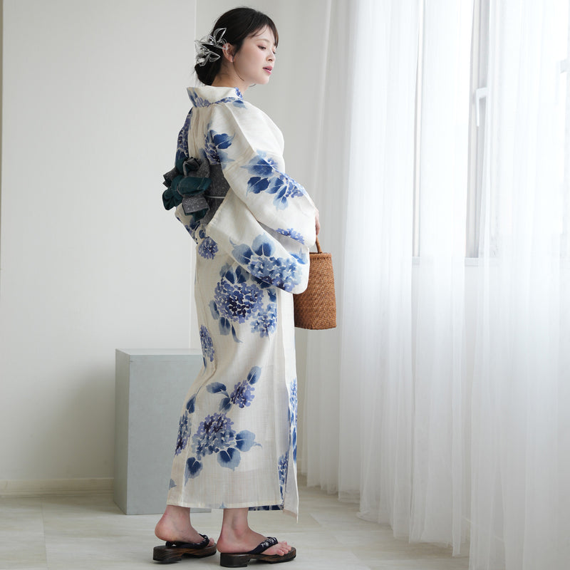 高級変わり織 浴衣3点セット（浴衣・帯・下駄）ブルーの滲み紫陽花】綿