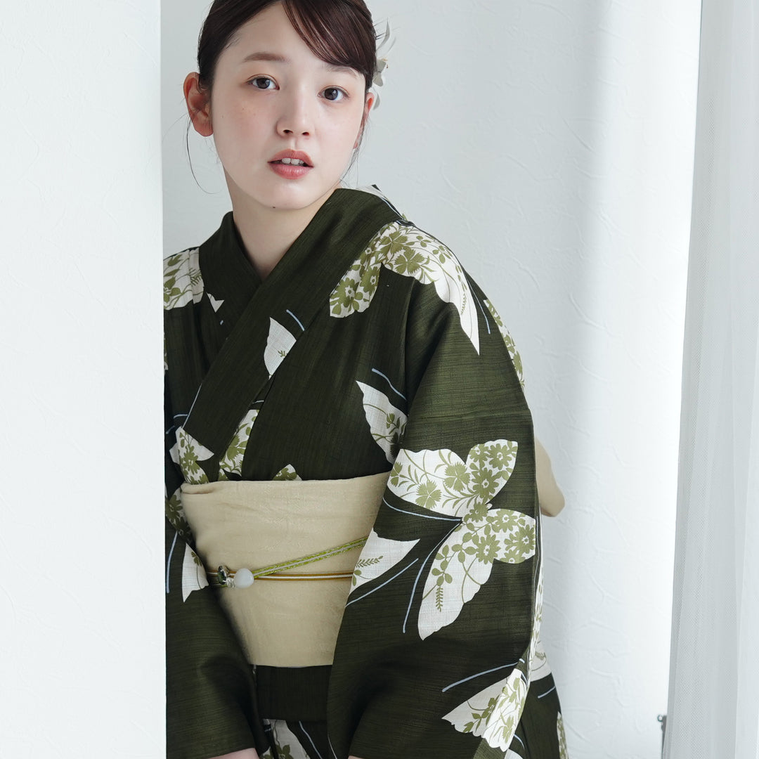 綿麻 浴衣3点セット（浴衣・帯・下駄）抹茶色に小花蝶々】高級変わり織