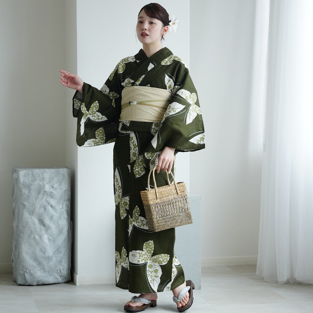 綿麻 浴衣3点セット（浴衣・帯・下駄）抹茶色に小花蝶々】高級変わり織