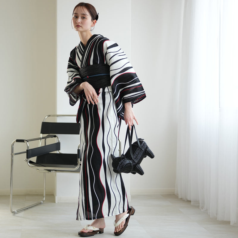 高級変わり織 浴衣3点セット（浴衣・帯・下駄）片寄せモダンブラックの
