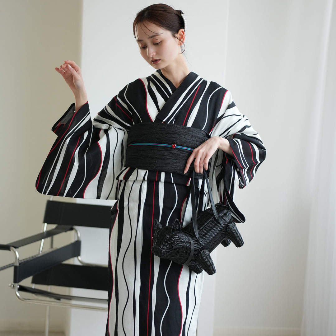 高級変わり織 浴衣3点セット（浴衣・帯・下駄）片寄せモダンブラックの