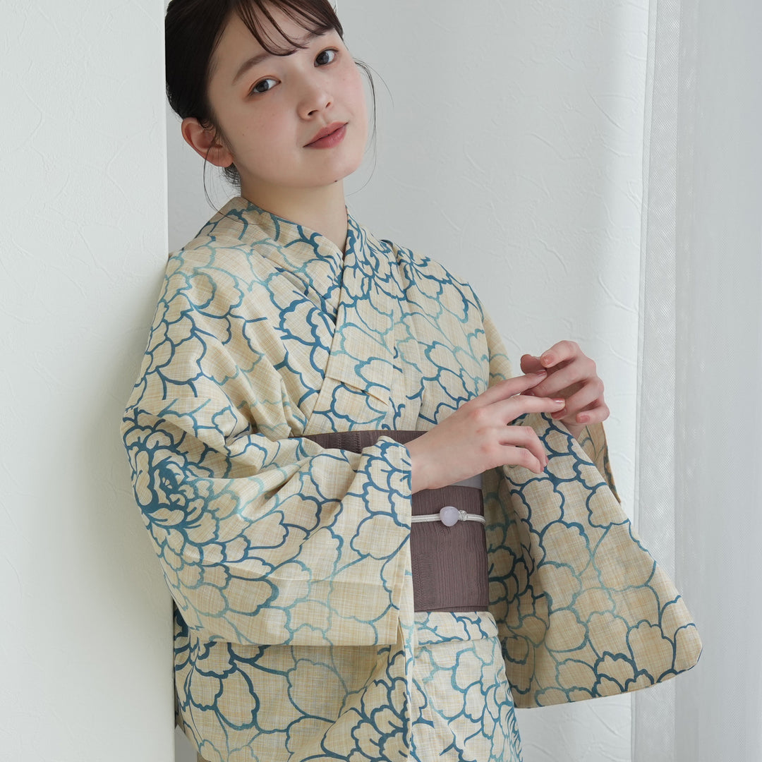 綿麻 浴衣3点セット（浴衣・帯・下駄）先染めベージュ・薄青ひろがる